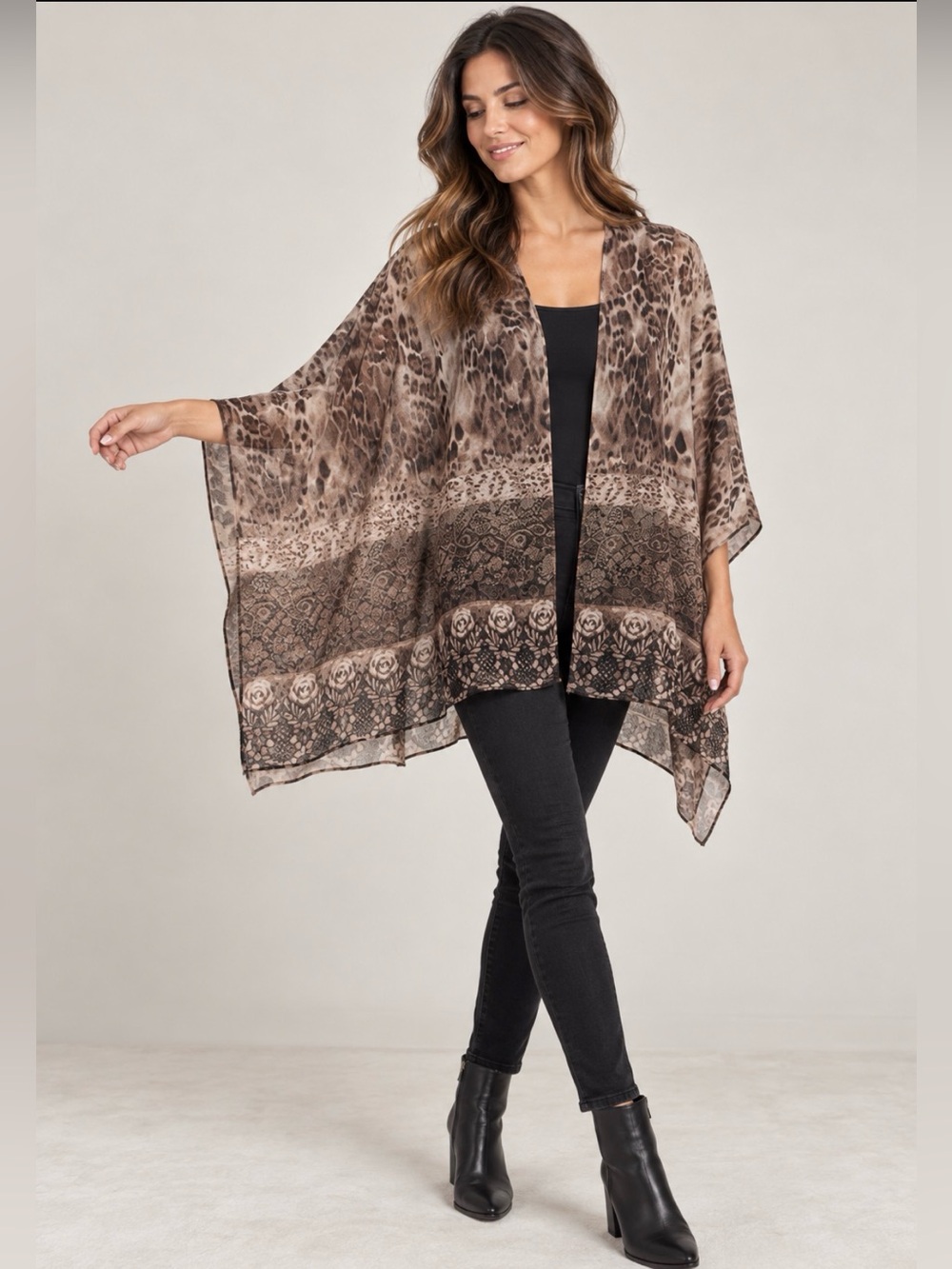 Elegant Lightweight Brown Animal Print Poncho